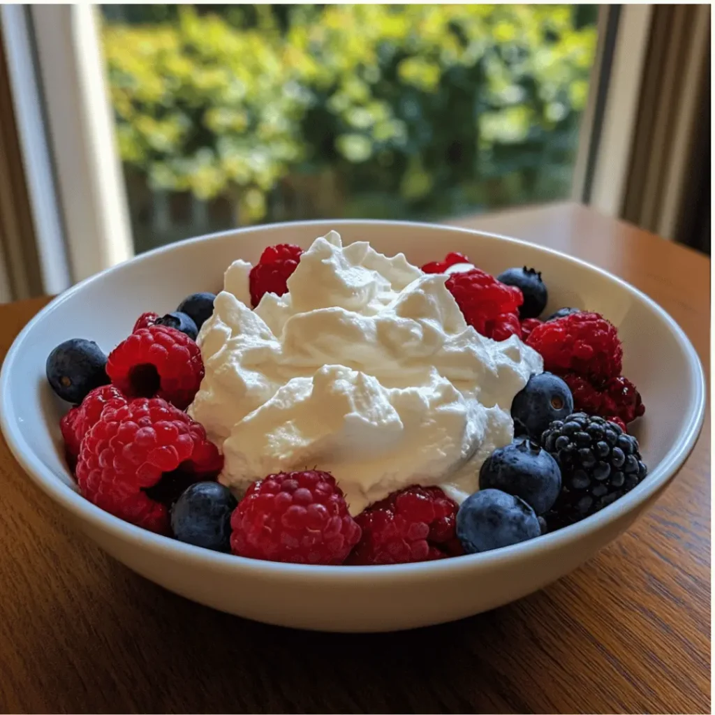 A bowl filled with whipped cream in the center, surrounded by fresh raspberries, blueberries, and blackberries, sitting on a wooden table near a sunny window.