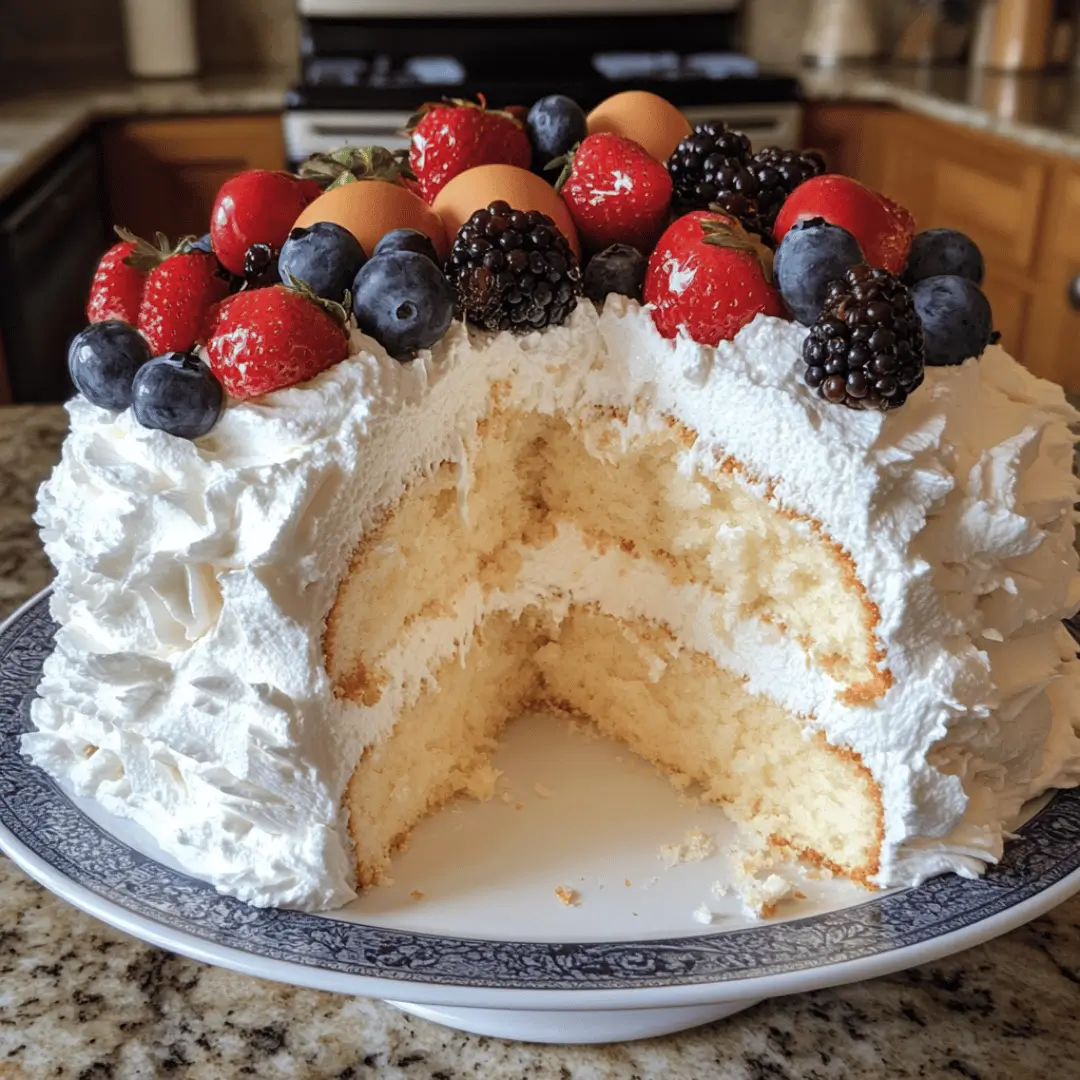 A layered vanilla sponge cake made with white eggs, covered in whipped cream and topped with strawberries, blueberries, blackberries, and whole white eggs, with a large slice removed to reveal its fluffy interior