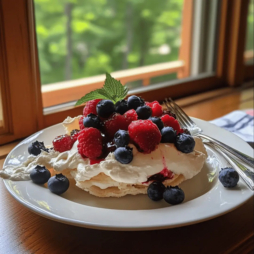 A white egg meringue dessert topped with whipped cream and fresh mixed berries, including raspberries and blueberries, placed on a white plate near a window with a green leafy background.