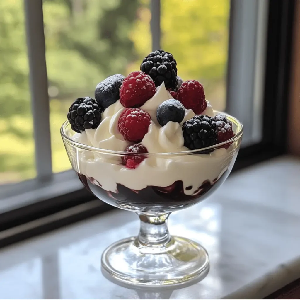 White egg dessert with cacao , blueberries and cacao near window in the kitchen.