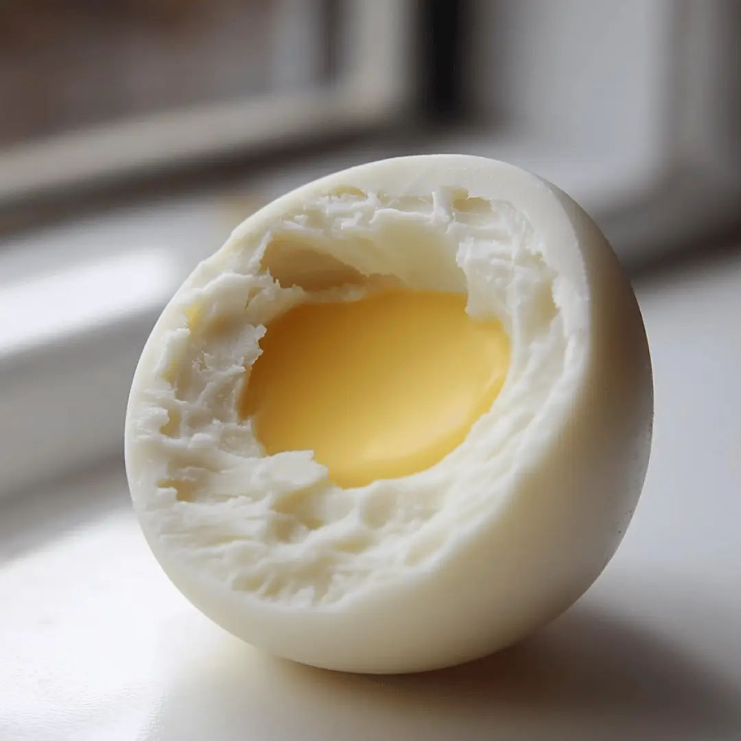 A white creme egg with a portion missing, revealing its hollow interior, resting on a small ceramic plate by a window.