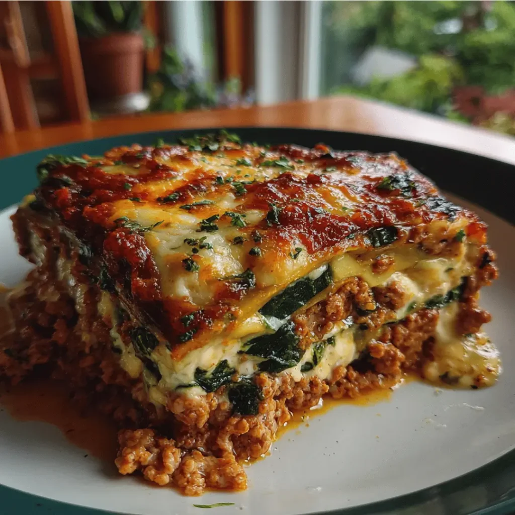 A fresh slice of healthy lasagna glowing in gentle window light, showcasing veggie layers near window.