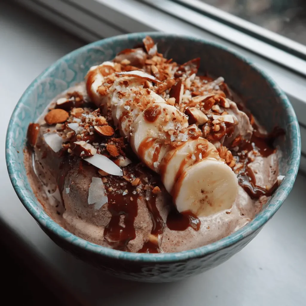 High protein ice cream served in a glass bowl with natural lighting and fresh toppings.