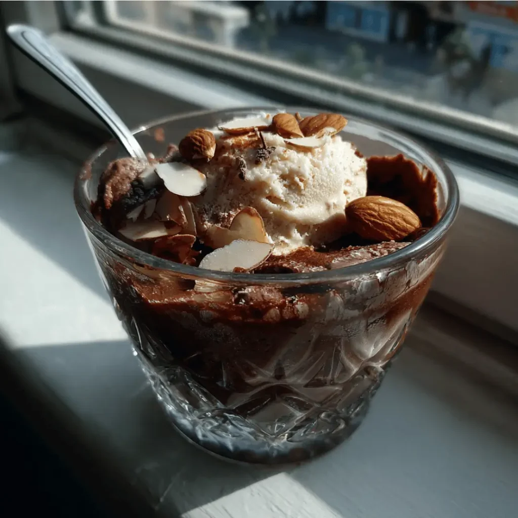 A creamy bowl of high protein ice cream with visible banana and cocoa in soft window light.

