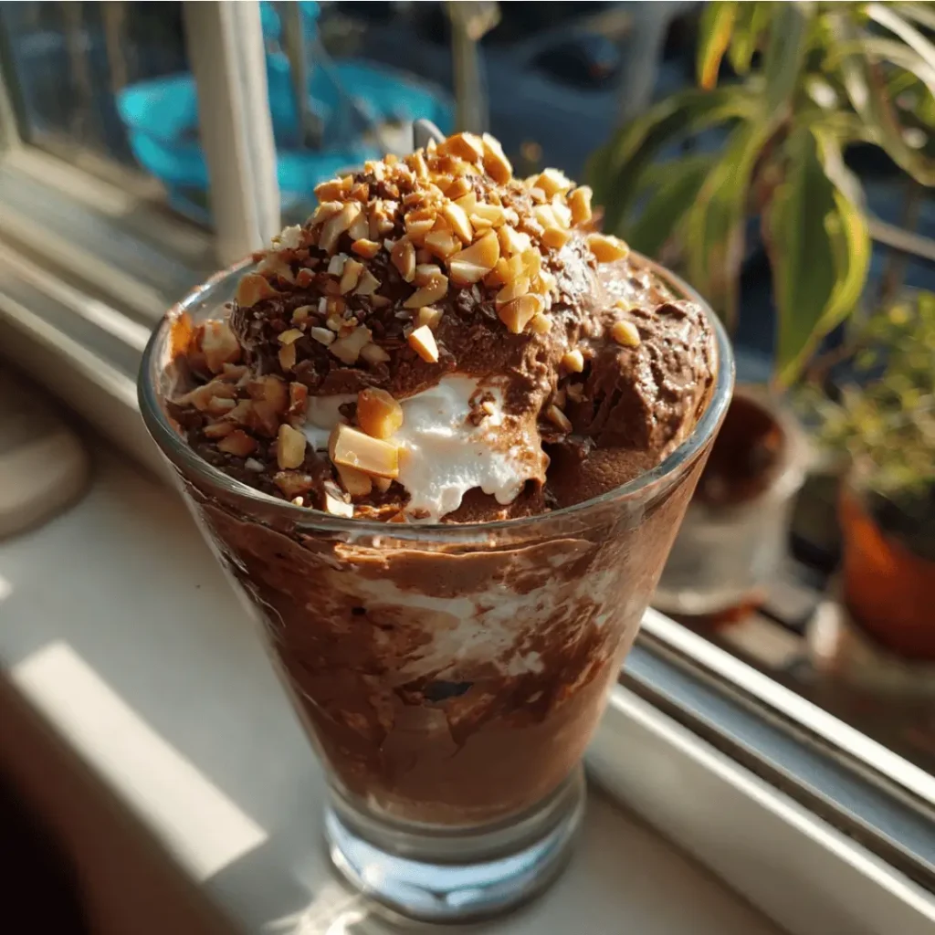A creamy bowl of high protein ice cream with visible banana and cocoa in soft window light near the window in the kitchen.