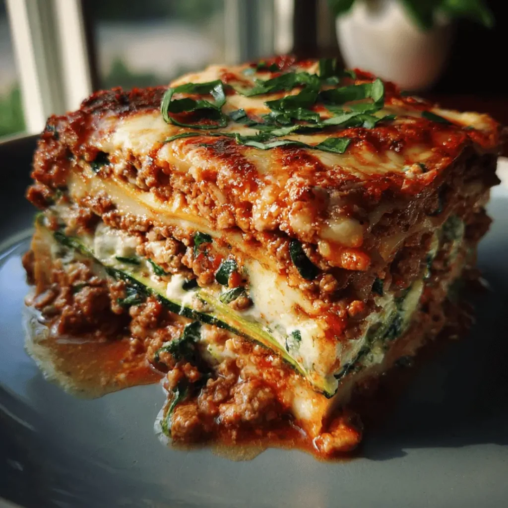 A fresh slice of healthy lasagna glowing in gentle window light, showcasing veggie layers.