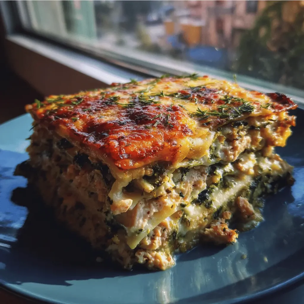 Baked healthy lasagna straight from the oven, with gooey cheese and vibrant ingredients.

